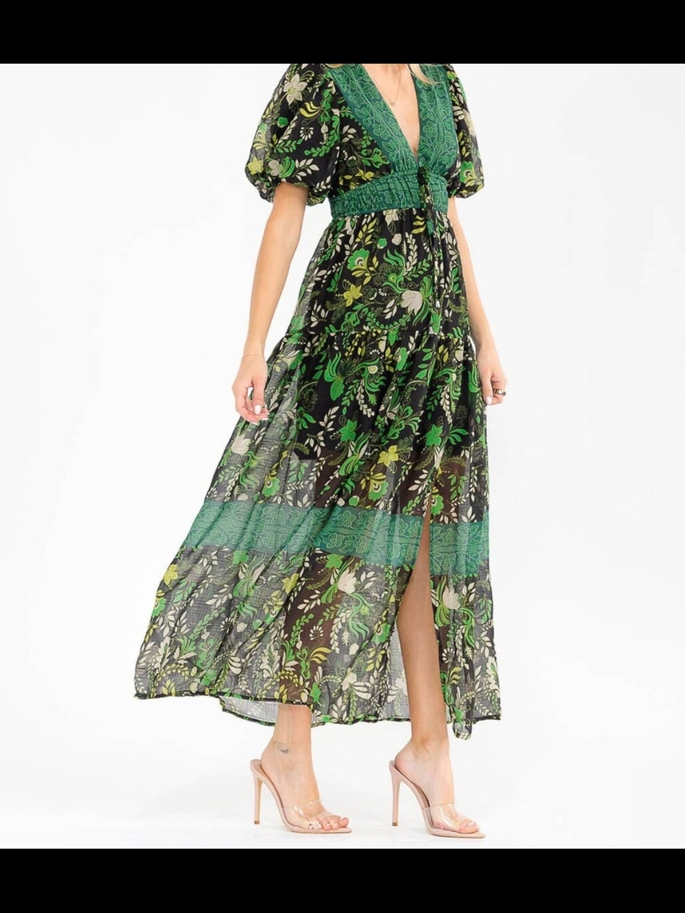 entro Dark Green Floral V-Neck Maxi Dress with Black Accents - Picture 2 of 5